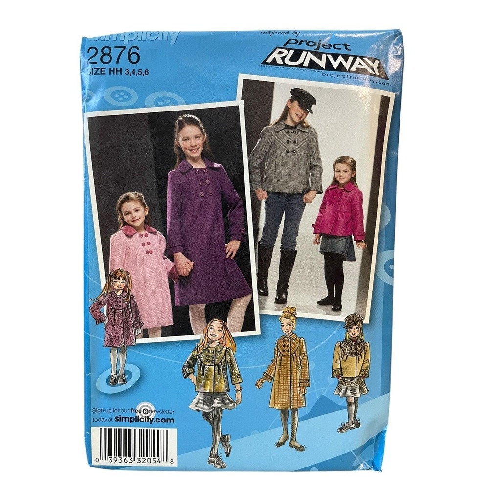 Simplicity Sewing Pattern 2876 Girls Size HH 3-6 Coat Jacket Hat Project Runway